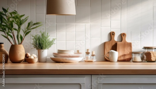 Plan de travail en bois clair et vaisselle assortie