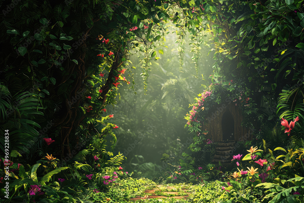 Fototapeta premium A lush jungle canopy background with vibrant flowers and vines creates serene atmosphere