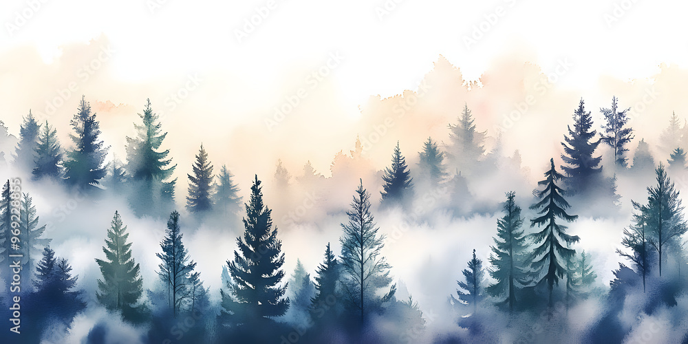 Obraz premium Watercolor illustration of pine tree forest with fog, abstract background