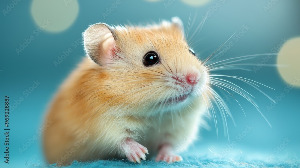 A small dwarf hamster sniffing the air on a soft blue background, its whiskers prominent A small dwarf hamster sniffing the air on a soft blue background, its whiskers prominent