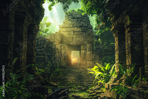 A lush jungle temple interior with ancient stone carvings and vibrant greenery