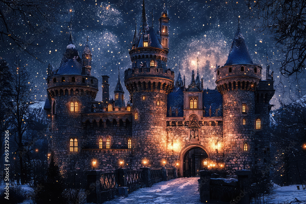 A magical castle background with turrets and drawbridge, illuminated at night A magical castle background with turrets and drawbridge, illuminated at night