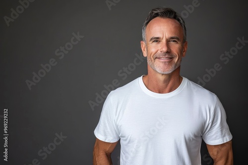 Happy confident handsome fit sporty healthy mature older man, middle aged sportsman athlete or personal trainer wearing white t-shirt standing isolated on gray with generative ai