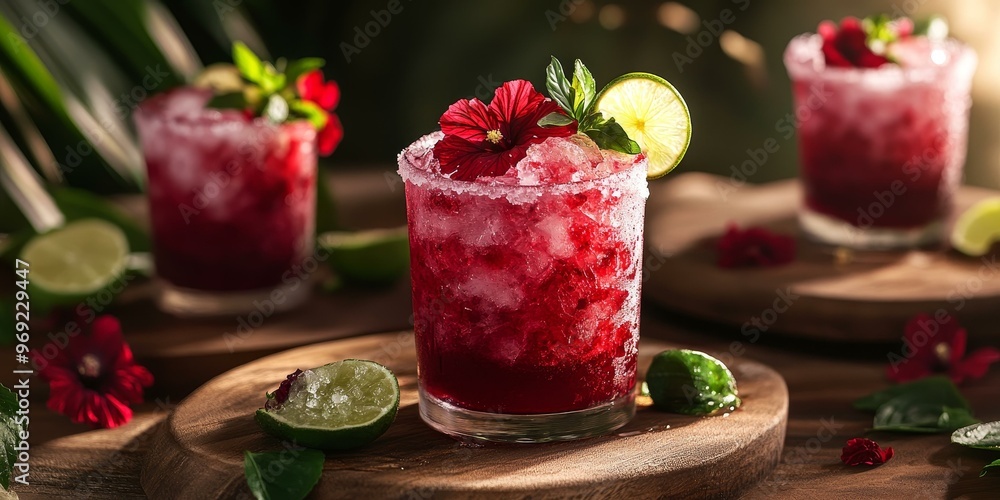 Red cocktails garnished with hibiscus and lime on wood. Red cocktails garnished with hibiscus and lime on wood.
