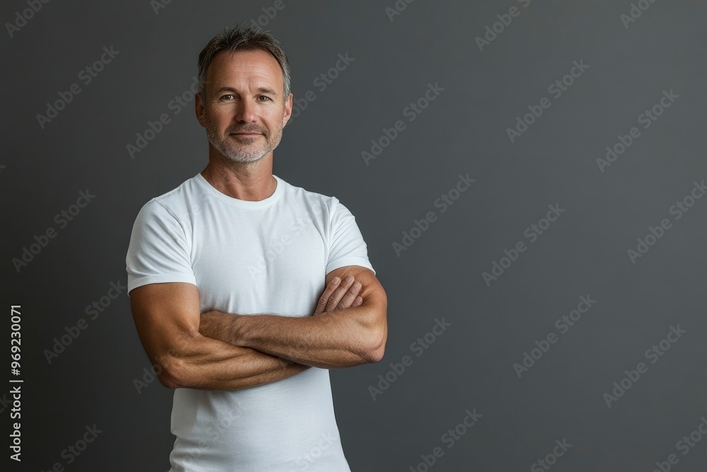 Happy confident handsome fit sporty healthy mature older man, middle aged sportsman athlete or personal trainer wearing white t-shirt standing isolated on gray with generative ai Happy confident handsome fit sporty healthy mature older man, middle aged sportsman athlete or personal trainer wearing white t-shirt standing isolated on gray with generative ai