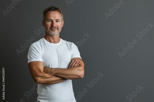 Happy confident handsome fit sporty healthy mature older man, middle aged sportsman athlete or personal trainer wearing white t-shirt standing isolated on gray with generative ai