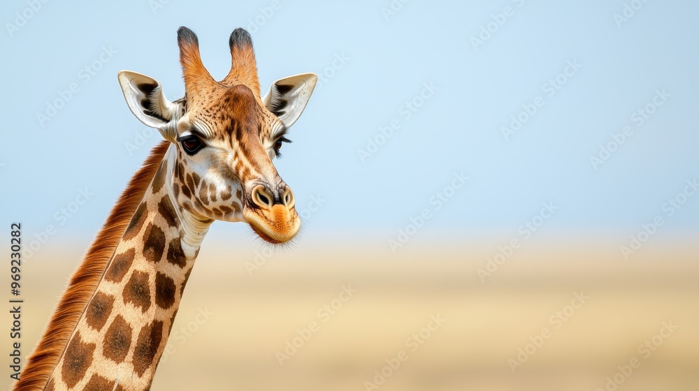 Obraz premium A giraffe is looking at the camera with its mouth open