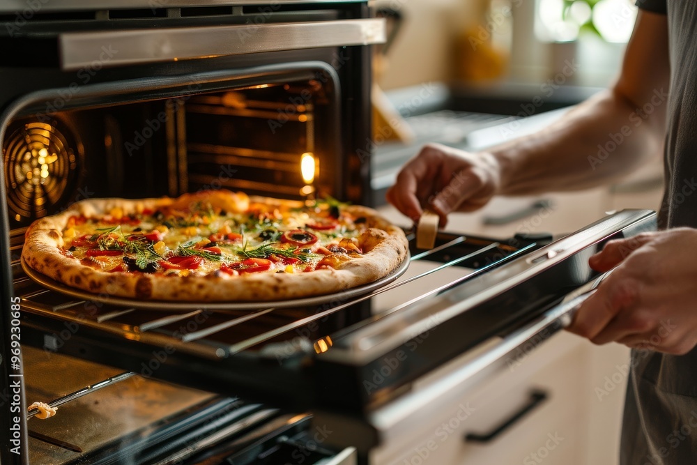 Man takes a freshly baked pizza out of the oven in a cozy kitchen during the late afternoon. Close-up Man takes a freshly baked pizza out of the oven in a cozy kitchen during the late afternoon. Close-up