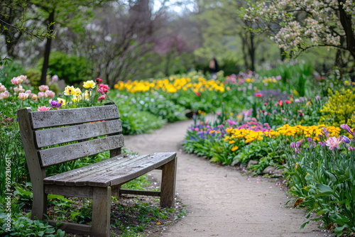 A peaceful garden paradise with wooden bench surrounded by vibrant flowers