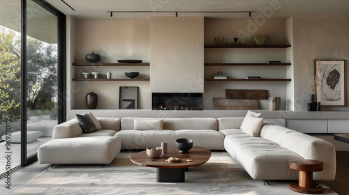  Living room with a large sectional sofa in soft velvet, floating shelves on the wall, and a minimalist fireplace as the focal point.