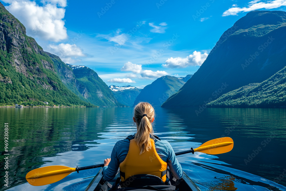Long hairs woman kayaking on the lake with mountains on the background. perfect as travelling wallpaper. Long hairs woman kayaking on the lake with mountains on the background. perfect as travelling wallpaper.