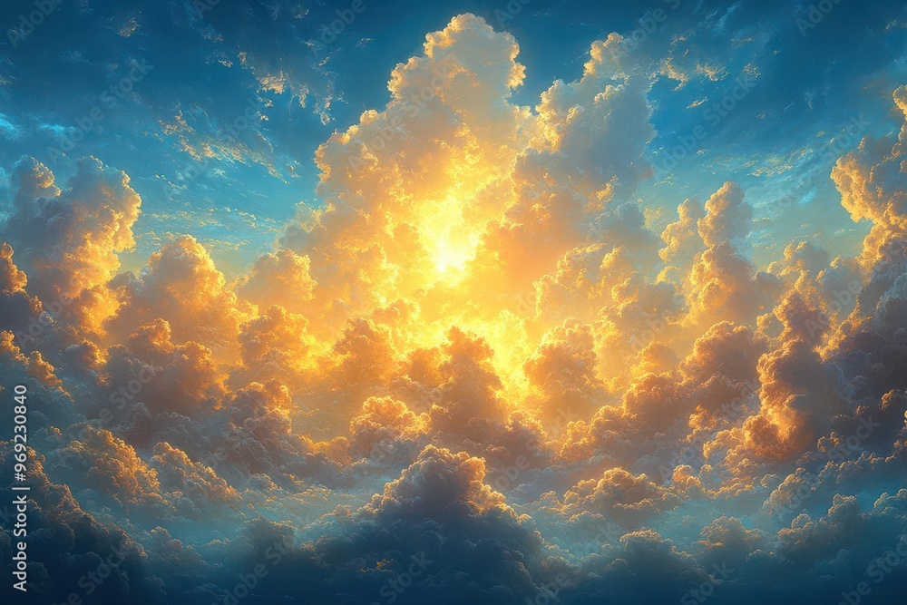 majestic cloudscape with billowing cumulus formations rich golden light filtering through against deep cerulean sky