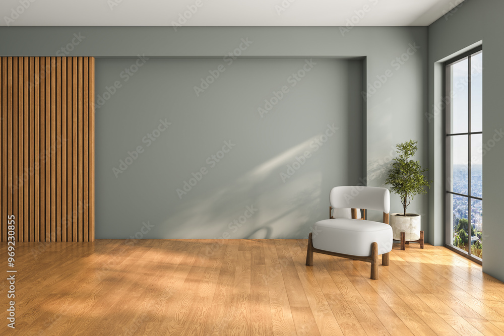 Fototapeta premium Living room interior with blue gray color wall, armchair and decor accessories, wooden panel.