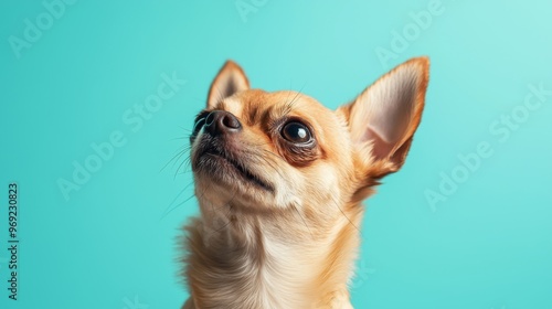 A tiny dwarf dog looking up on a bright blue background, its head tilted slightly