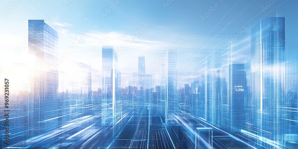 Obraz premium Futuristic cityscape with blue tones and abstract light effects, showcasing modern architecture and digital innovation.