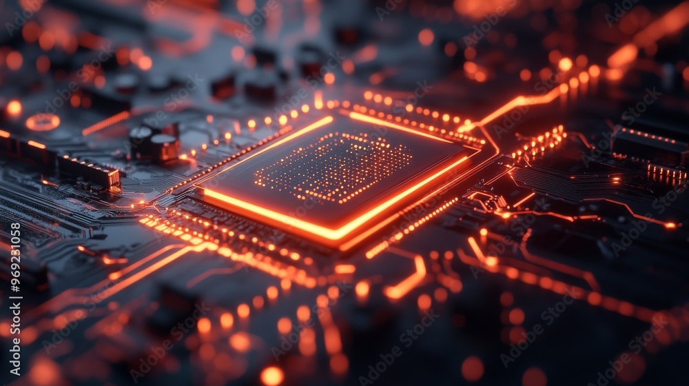 Quantum Processor Chip with Futuristic Designs: A close-up of a quantum processor chip glowing with futuristic energy lines. Quantum Processor Chip with Futuristic Designs: A close-up of a quantum processor chip glowing with futuristic energy lines.