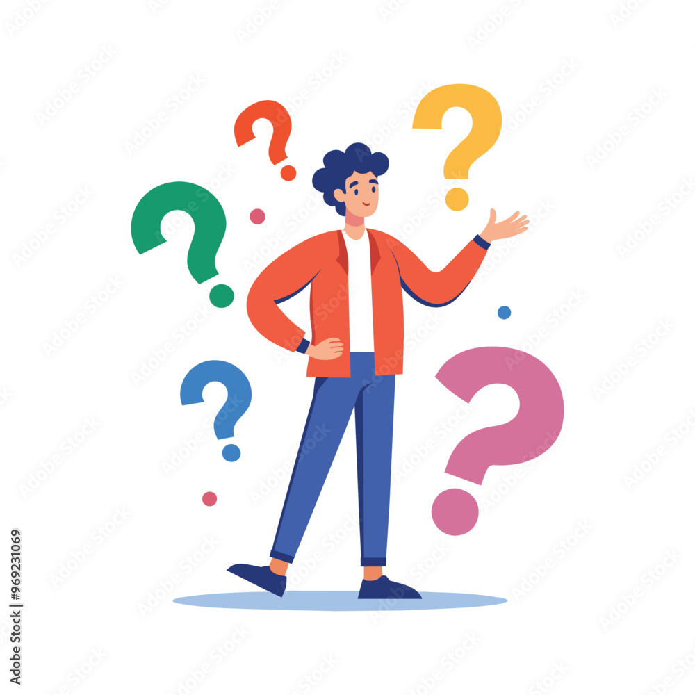 © Dhimas Andrian - A young man, seemingly overwhelmed by uncertainty, is depicted in a cartoon-style illustration. Surrounded by colorful question marks, he gestures with his hand. © Dhimas Andrian - A young man, seemingly overwhelmed by uncertainty, is depicted in a cartoon-style illustration. Surrounded by colorful question marks, he gestures with his hand.