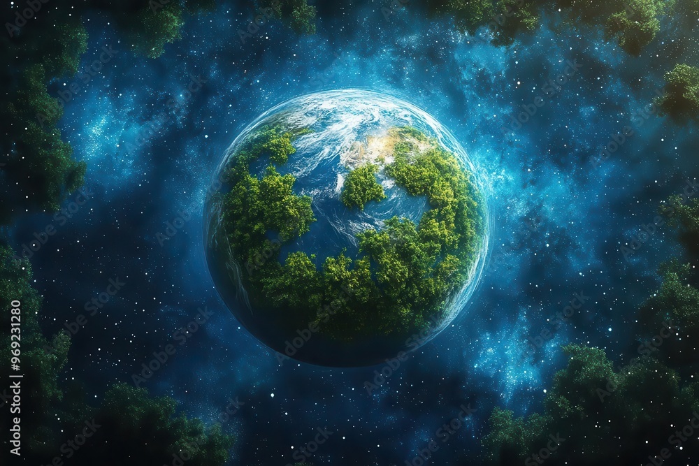 Obraz premium majestic earth floating in space lush green continents surrounded by vibrant blue oceans with delicate tree silhouettes overlaid to celebrate arbor day and environmental awareness