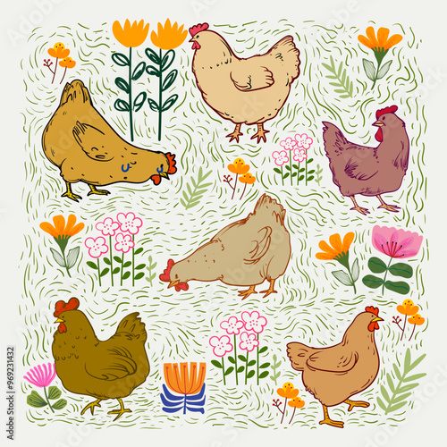 Chicken, hen, rooster pattern hand drawing sketch vector illustration design. Cute lovely poultry farm birds animal design for fabric, textile, wrapping, wallpaper and background.