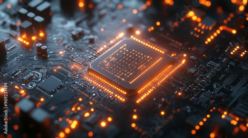 Quantum Processor Chip with Futuristic Designs: A close-up of a quantum processor chip glowing with futuristic energy lines.