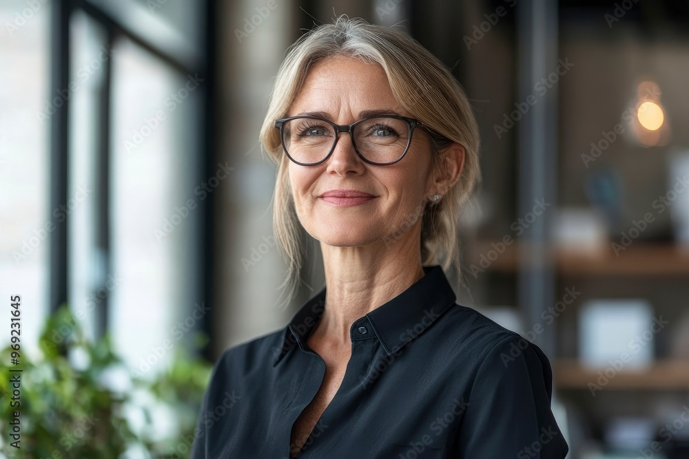 Happy mature business woman leader standing in office looking away. Smiling confident older middle aged professional lady corporate leader, senior female executive with generative ai Happy mature business woman leader standing in office looking away. Smiling confident older middle aged professional lady corporate leader, senior female executive with generative ai