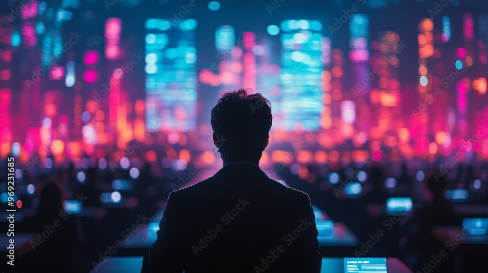 Futuristic AI-driven real-time translation services for global conferences: A speaker at a conference being simultaneously translated into multiple languages by AI. Futuristic AI-driven real-time translation services for global conferences: A speaker at a conference being simultaneously translated into multiple languages by AI.
