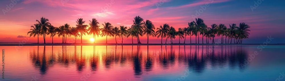 Obraz premium A row of palm trees silhouetted against a tropical sunset, with the ocean reflecting the vibrant colors