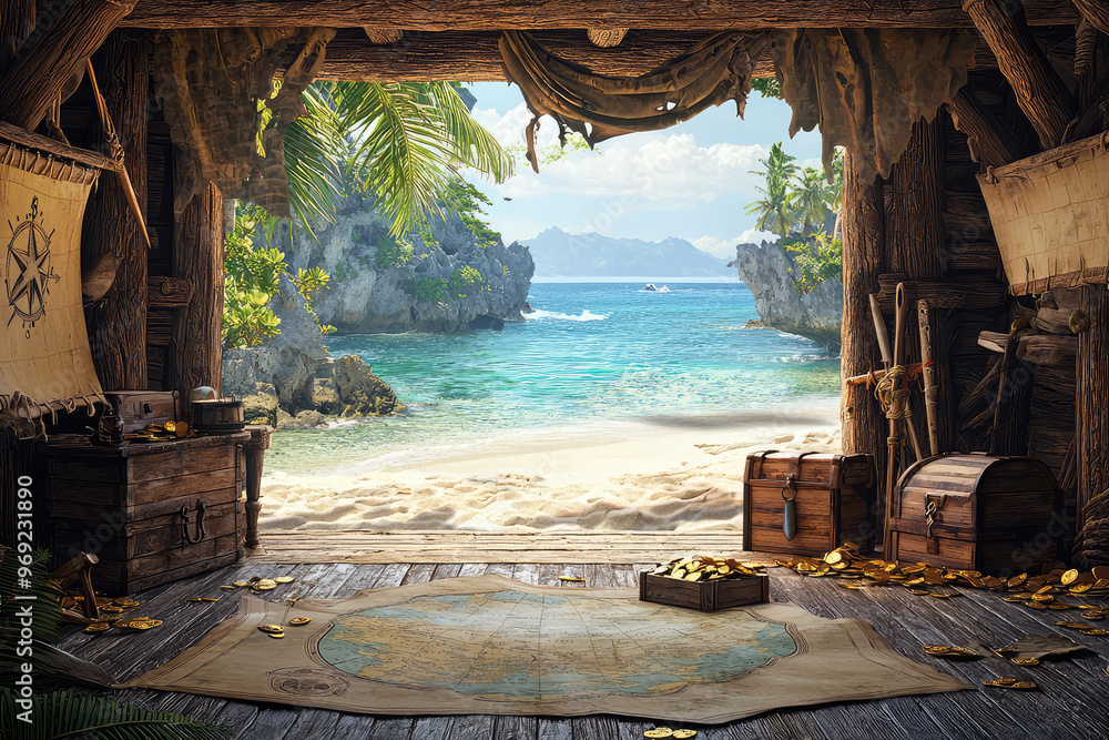 Fototapeta premium A pirate cove interior with map table, treasure chests, and stunning beach view