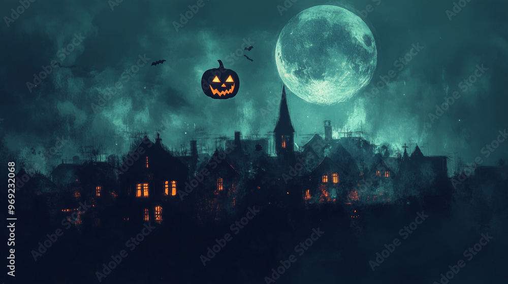 pumpkin fly above the dark house with spooky trees against a full moon pumpkin fly above the dark house with spooky trees against a full moon