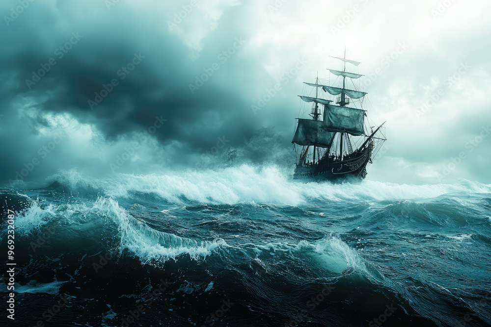 Obraz premium A pirate ship sails through stormy seas, battling fierce waves and dark clouds