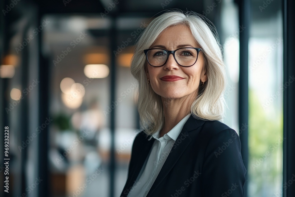 Happy mature business woman leader standing in office looking away. Smiling confident older middle aged professional lady corporate leader, senior female executive with generative ai Happy mature business woman leader standing in office looking away. Smiling confident older middle aged professional lady corporate leader, senior female executive with generative ai