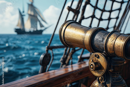 A pirate ships crows nest view with telescope overlooking ocean