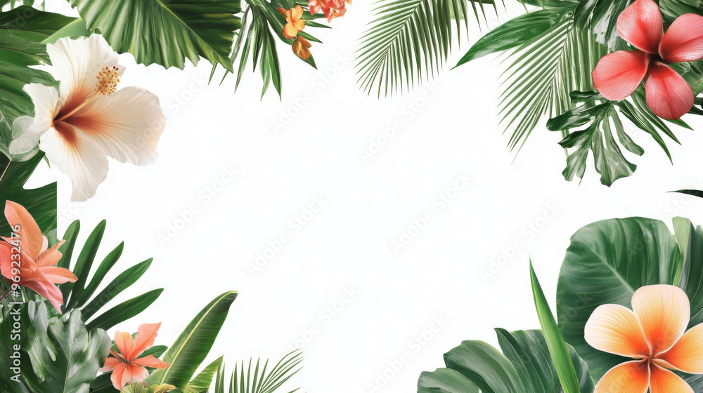 Hawaiian Island Tropical Hibiscus Flowers with Palm Leaves Hawaiian Island Tropical Hibiscus Flowers with Palm Leaves
