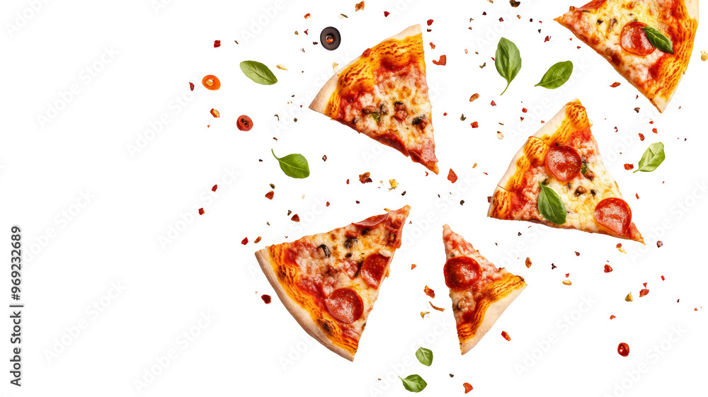 Enticing image of tumbling pizza slices showcasing rich hues and delicious textures. Enticing image of tumbling pizza slices showcasing rich hues and delicious textures.