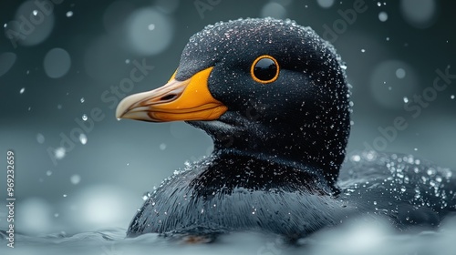 Close-up of a waterfowl with droplets, set against a blurred background.