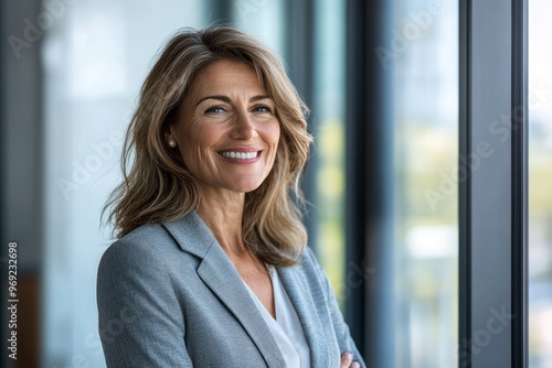 Happy mature business woman leader standing in office looking away. Smiling confident older middle aged professional lady corporate leader, senior female executive with generative ai