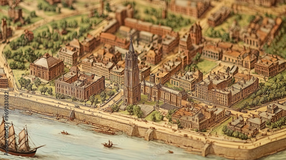 A detailed map of colonial New York City, highlighting the harbor, Wall