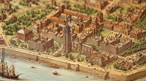 A detailed map of colonial New York City, highlighting the harbor, Wall Street, and Trinity Church, with illustrations of sailing ships and bustling streets.