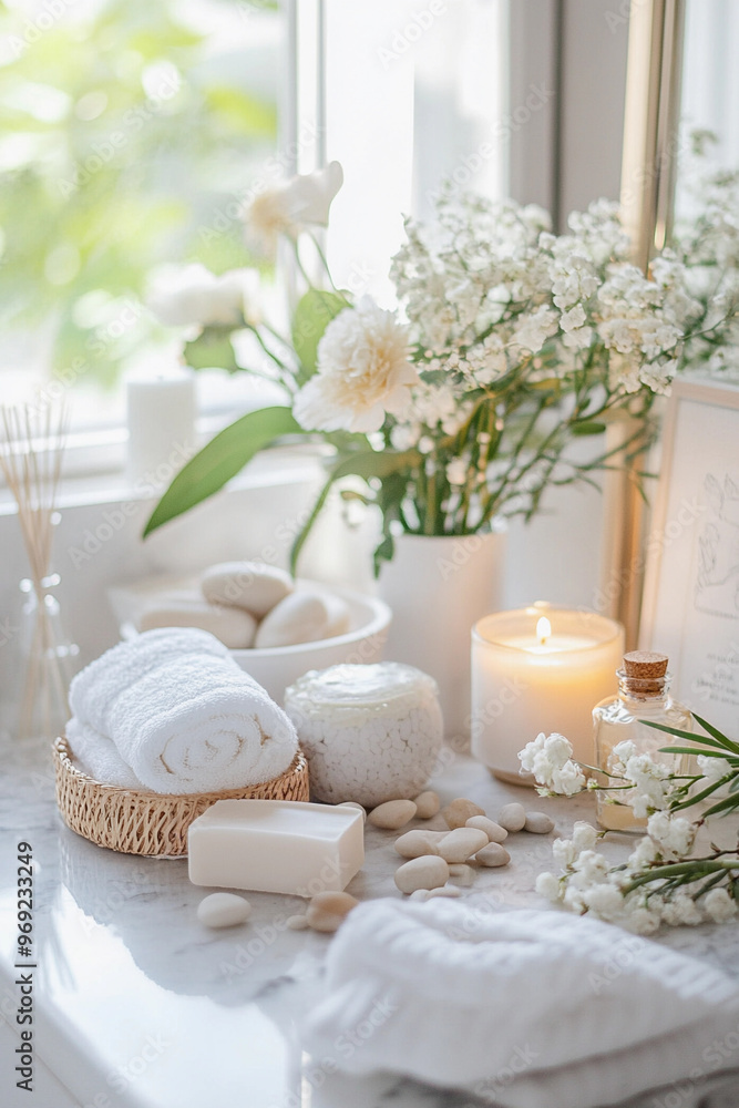 Marble table in the bathroom with spa attributes Soap for spa procedures. Aromatherapy and self-care Marble table in the bathroom with spa attributes Soap for spa procedures. Aromatherapy and self-care