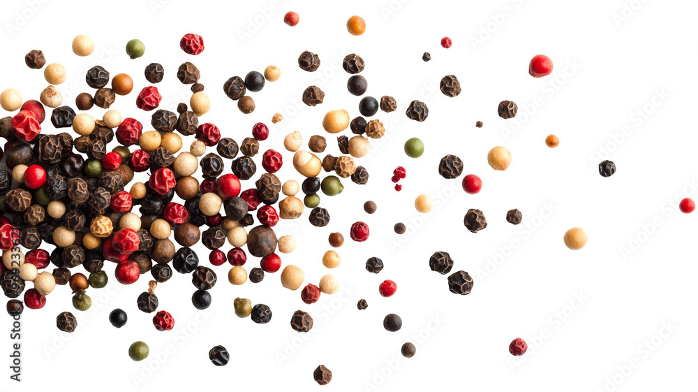 Dynamic portrayal of peppercorns in descent showcasing their roundness and deep colors. Dynamic portrayal of peppercorns in descent showcasing their roundness and deep colors.