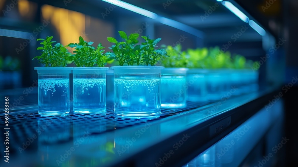 Futuristic biotech lab with rows of petri dishes growing genetically modified organisms under blue light, Medium shot, eye-level composition, focusing on the person's engagement with the educational Futuristic biotech lab with rows of petri dishes growing genetically modified organisms under blue light, Medium shot, eye-level composition, focusing on the person's engagement with the educational
