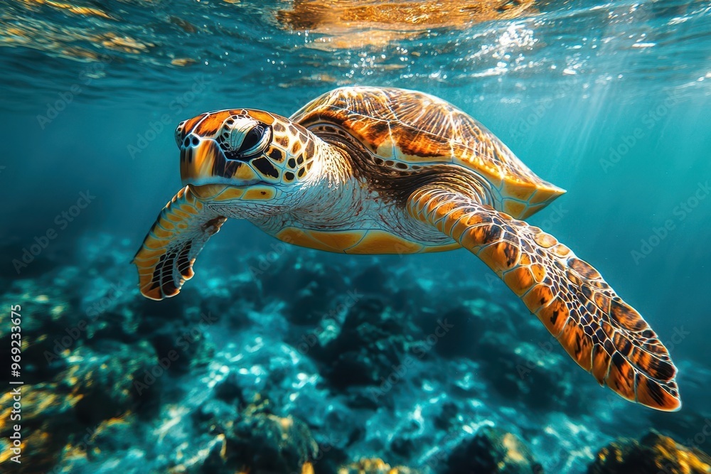 Obraz premium majestic sea turtle gliding through crystalclear tropical waters underwater shot capturing the grace and beauty of marine life with sunlight filtering through the surface