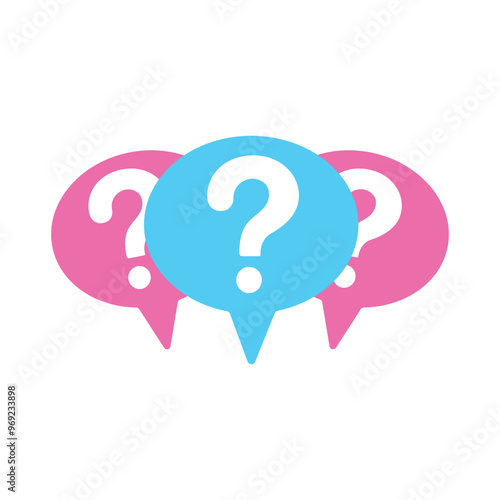 Three speech bubbles, two in pink and one in blue, each containing a white question mark. The arrangement suggests uncertainty, confusion, or the need for answers.