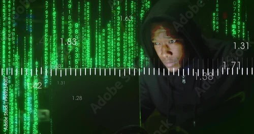 Animation of digital data processing over african american man using laptop by computer servers photo