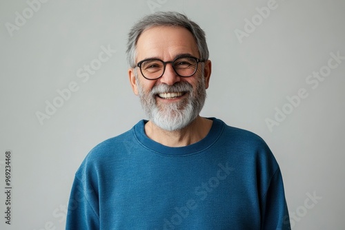 Happy mature old bearded man with dental smile, cool mid aged gray haired older senior hipster wearing blue sweatshirt standing isolated on white background looking at camera, with generative ai