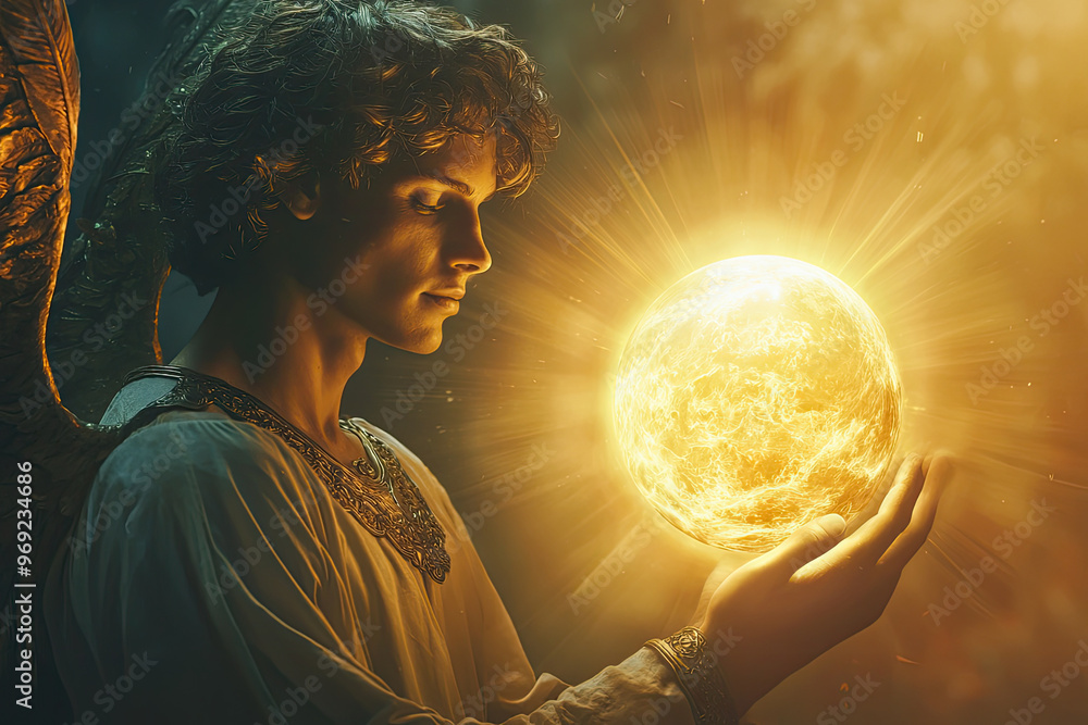 A serene illustration of Archangel Uriel holding glowing orb, radiating light and warmth A serene illustration of Archangel Uriel holding glowing orb, radiating light and warmth