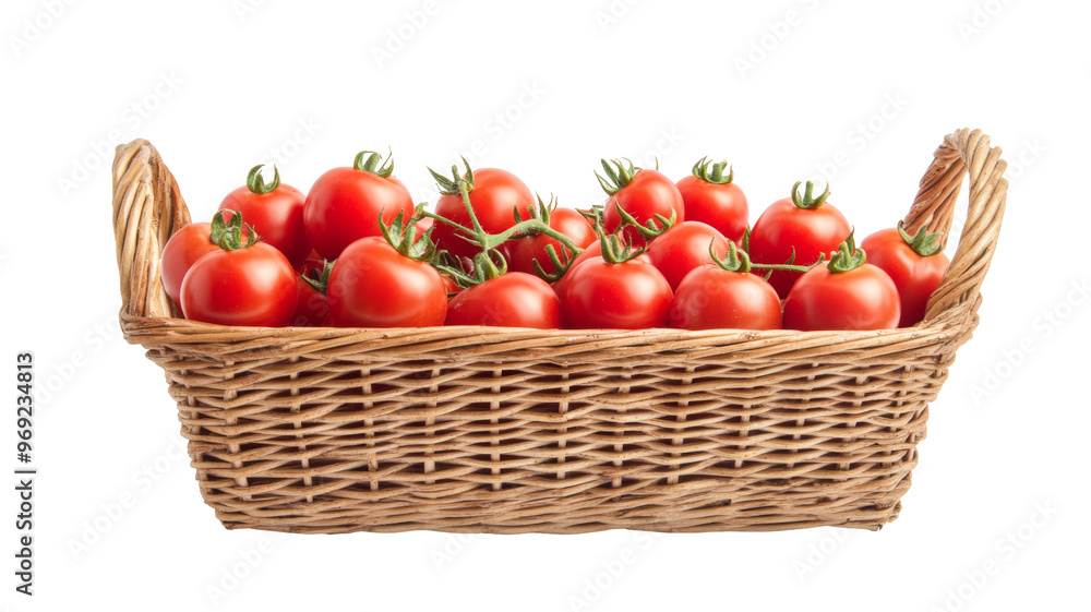 Striking arrangement of ripe tomatoes in a basket capturing their vivid color and allure. Striking arrangement of ripe tomatoes in a basket capturing their vivid color and allure.