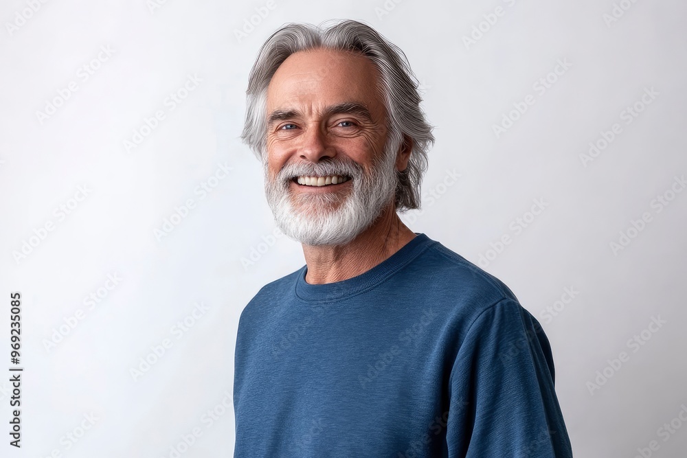 Happy mature old bearded man with dental smile, cool mid aged gray haired older senior hipster wearing blue sweatshirt standing isolated on white background looking at camera, with generative ai Happy mature old bearded man with dental smile, cool mid aged gray haired older senior hipster wearing blue sweatshirt standing isolated on white background looking at camera, with generative ai