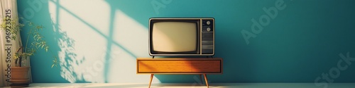 A television is sitting on a wooden stand in a room with a blue wall