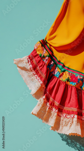 Bright colorful traditional Mexican dress detail with bright color wall background